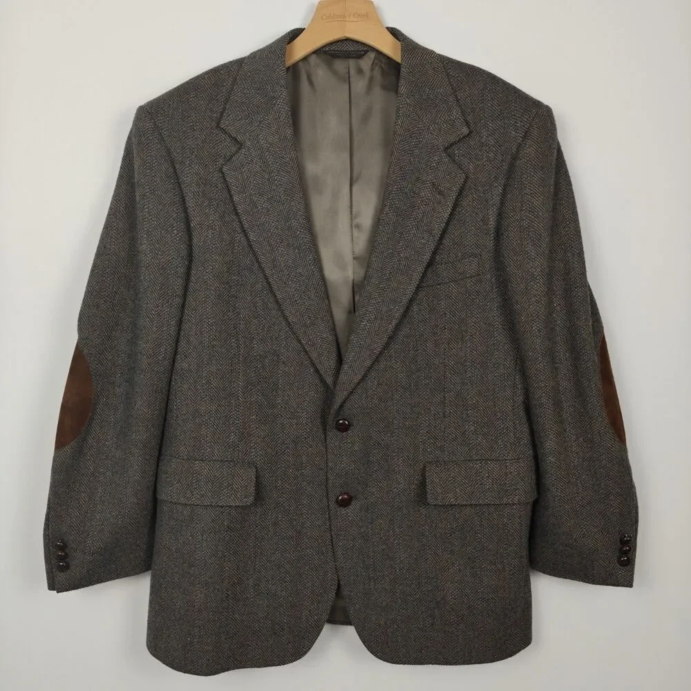 vintage Tweed blazer coat jacket mens elbow patchs made in USA 100% wool 42R